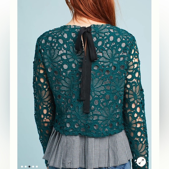 Anthropologie Maeve Elegant Teal Lace Gingham Women Top - Picture 2 of 10